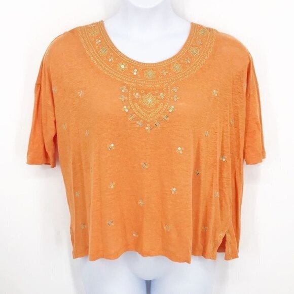 J. Jill Orange Linen With Gold Sequin Embroidery Size Petite M - Picture 1 of 8
